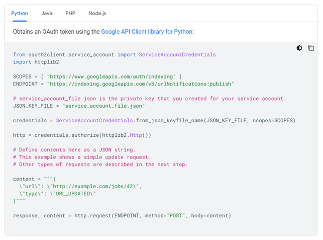 Et eksempel af API indekserings koden i Google Colab.