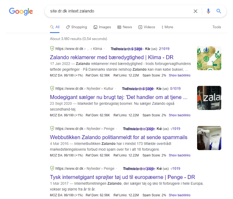 Et eksempel af en søgning på brand mentions via Google Search Operators.