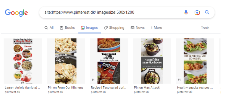 Et avanceret eksempel på brug af site-søgning + imagesize. Pinterest eksempel.