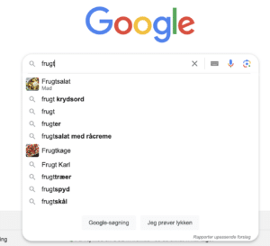 Google søgning med ordet 'frugt'.